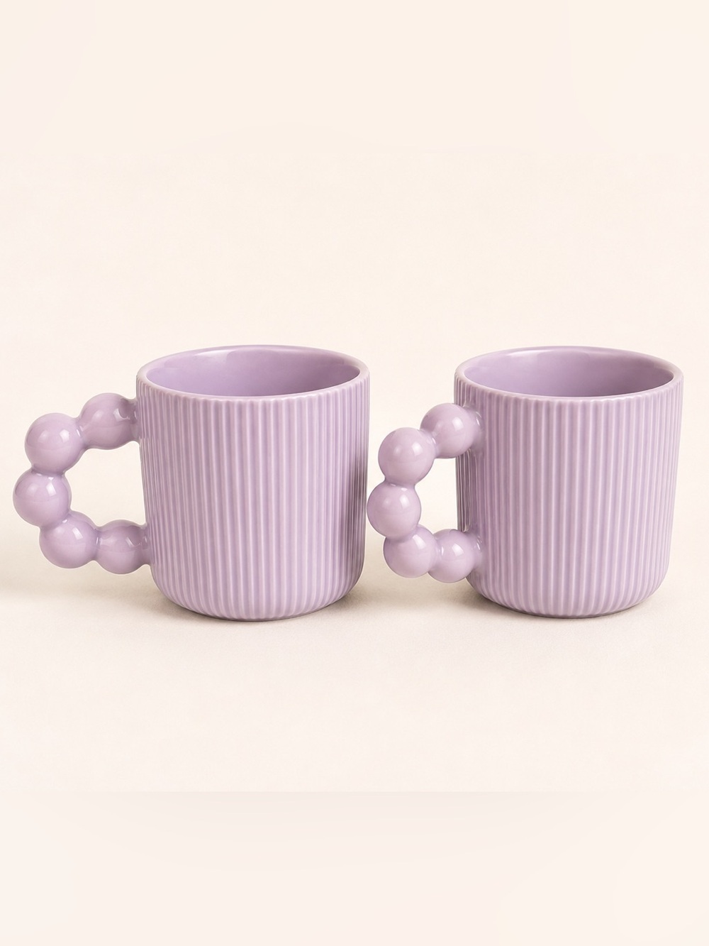 Cure Purple Bubble Handle Ceramic Mug Set of 2 Lavender Ribbed Coffee Tea Cups​